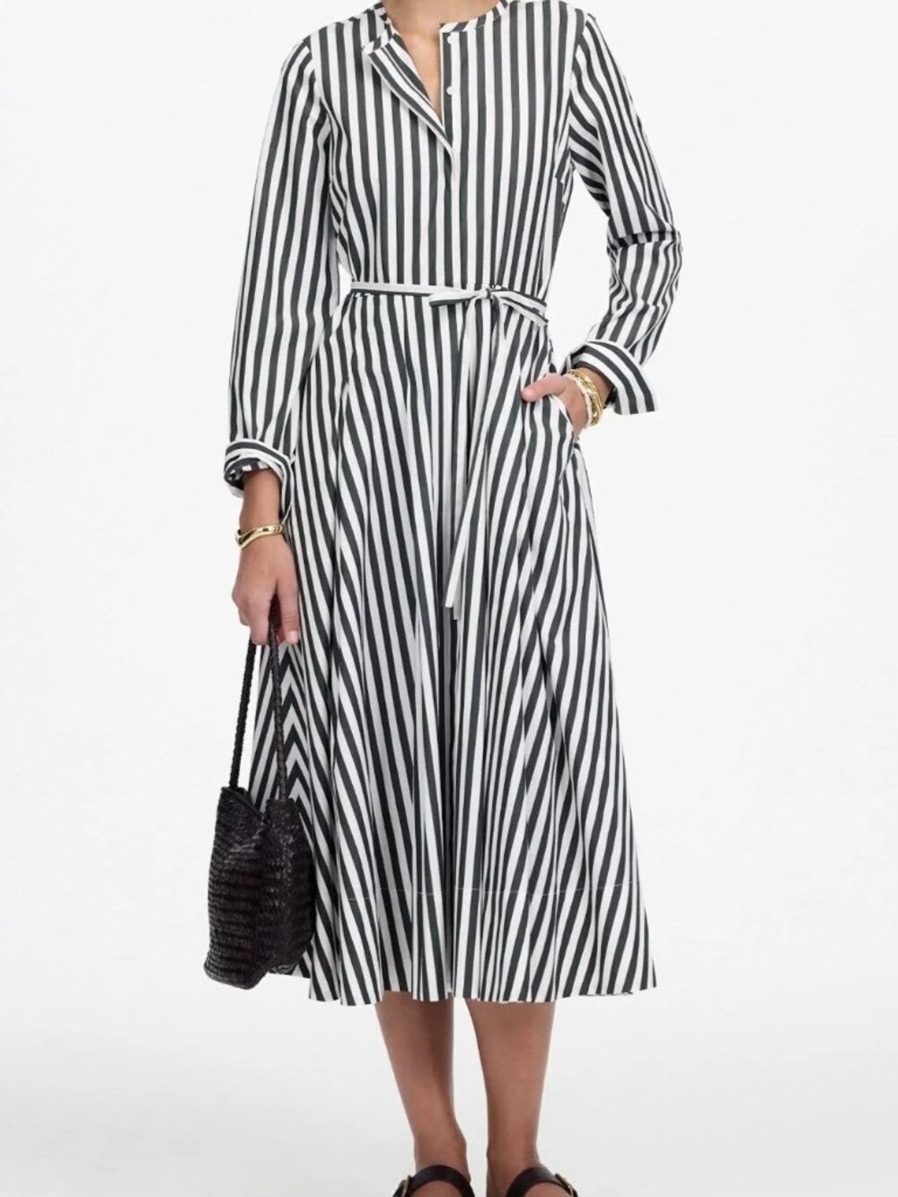 Madewell Stripe Tie Waist Green Midi Dress Long Sleeve Botton Up Size 4 NWOT